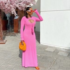 ZARA CUT OUT RIBBED KNIT LONG SLEEVE DRESS PINK - SMALL